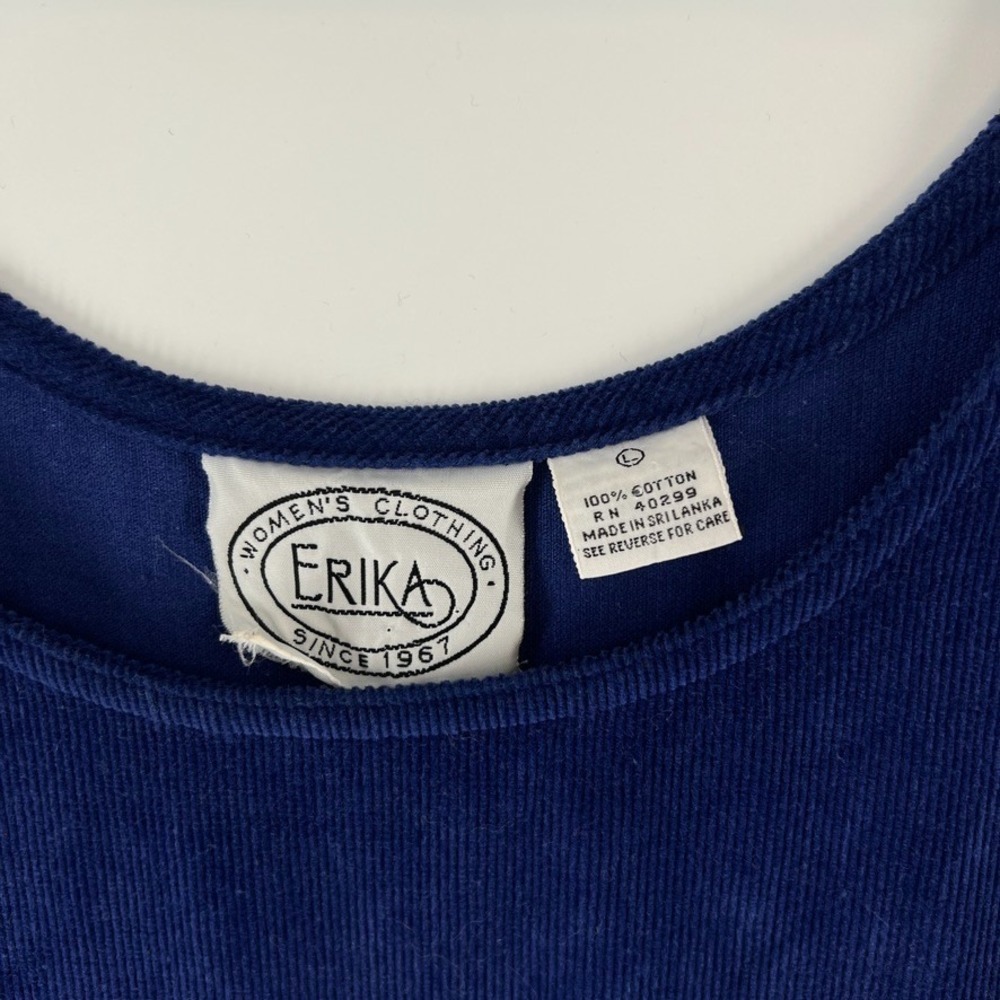 VTG 90s Erika Corduroy Jumper Dress L Blue/Purple Cotton Pinafore Pockets Midi - Picture 3 of 6